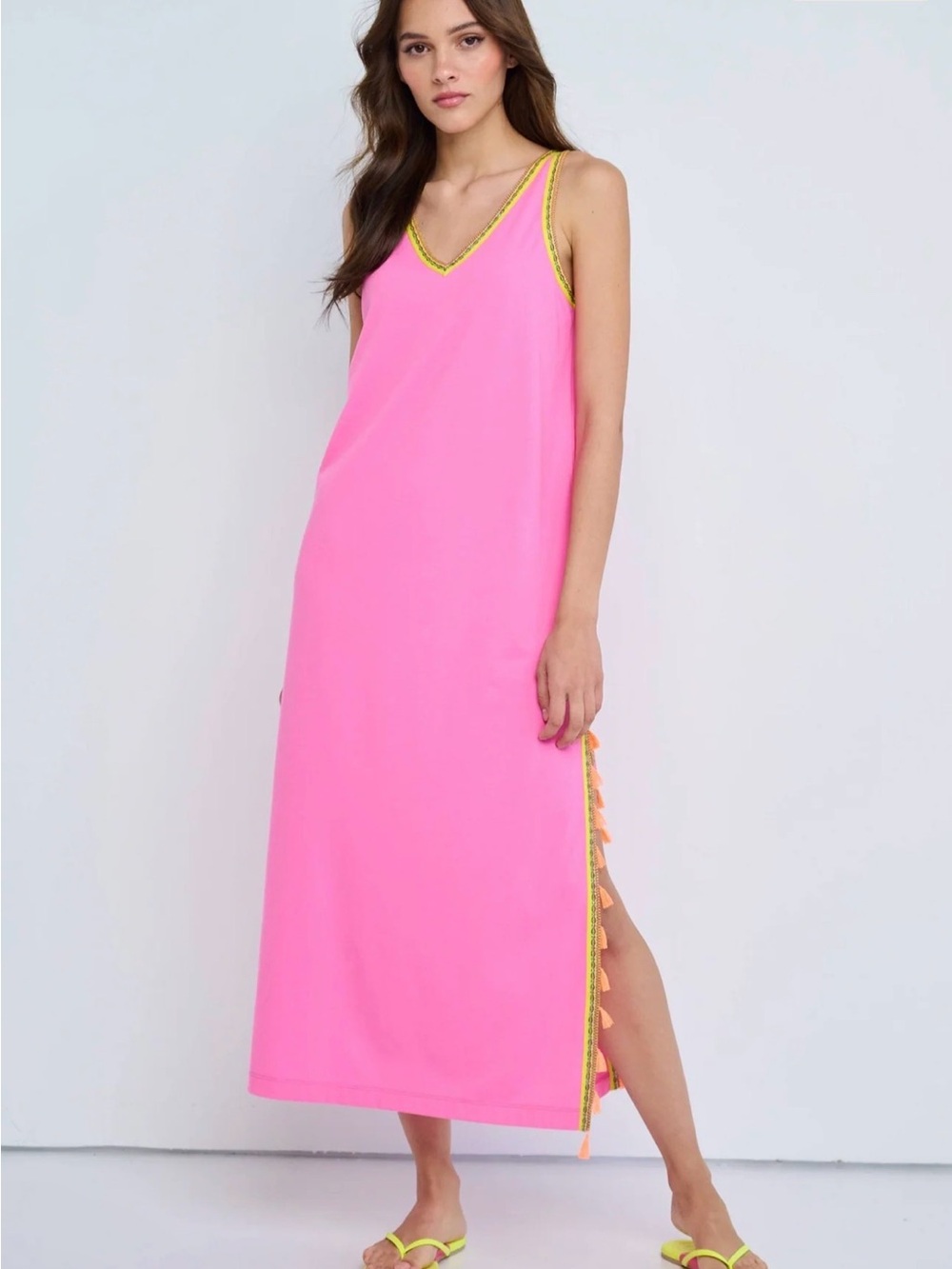Lisa Todd Bright Pink V-Neck Tank Maxi Dress with Contrast Trim